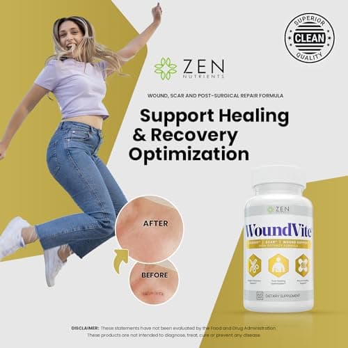 Zen Nutrients WoundVite Pre & Post Surgery Support, Scar & Wound Care, Scar Treatment, Plastic & General Surgery, Heal Faster & Aids in Recovery Time w/Bromelain, Turmeric & Arnica - 60 Vegan Caps - Thumbnail 4
