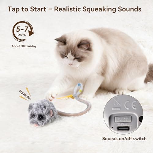 Migipaws Interactive MigiMouse Cat Toy 360° Rolling & Spin with Wiggling Tail for Indoor Cats Smart Motion Sensor, Realistic Squeak, Rechargeable Plush Kitten Toy(Grey Long) - Thumbnail 3
