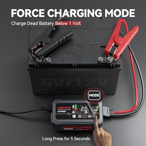 LOKITHOR JC400 9-in-1 Battery Charger and Jump Starter, 2500A 12V Portable Jump Box for Car Upto 8.5L Gas/6.5L Diesel, 750mA/1A/2A, 6V/12V Automotive Battery Maintainer, Trickle Charger and Desulfator - Thumbnail 4