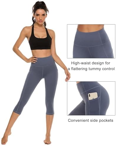 Stelle Womens High Waisted Legging Yoga Pants with Pockets for Workout(Grey Blue,M) - Thumbnail 5