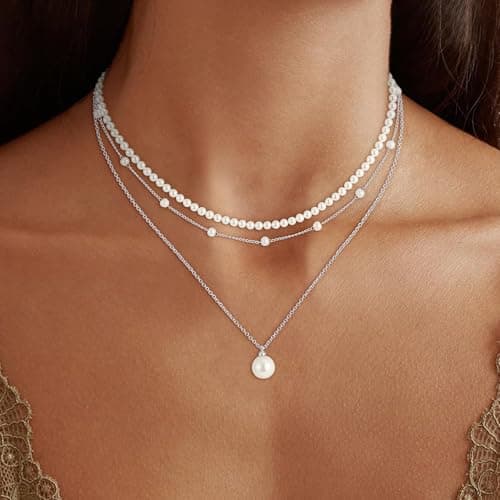 Fezodo Pearl Necklaces for Women Trendy, Dainty Silver Pearl Necklace Simple Layered Pearls Choker Necklace Stack Cute Pearls Wedding Bride Jewelry Silver Layered Necklaces for Women Jewelry Gifts - Thumbnail 2