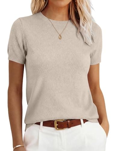 ANRABESS Womens 100% Wool Sweater, Office Work Sweaters, Soft Lightweight for Summer Spring, Short Sleeve Business Casual Top Apricot X-Large
