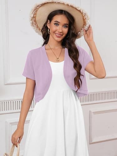 Heymoments Women's Short Sleeve Shrugs Light Purple X-Large Lightweight V-Neck Open Front Cropped Cardigan Knitted Bolero Sweaters Elegant Dresses Cover Up - Thumbnail 3