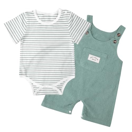 JiuBreeze Baby Boys Bodysuit Summer Clothes Set 2-pcs Striped Romper & Overalls Shorts Set Jumpsuit 0-12 Months (Green, 6-9M) - Image 1