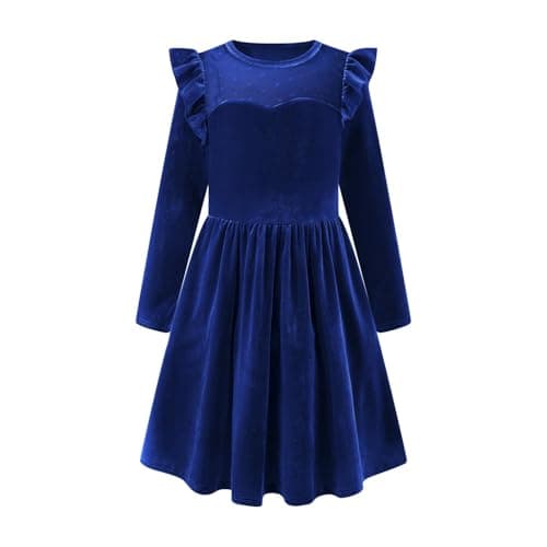 Little Bitty Girls' Gold Velvet Long Sleeve Dress Crew Neck Pockets Pleated A Line Polka Mesh Stretch Casual Navy Blue 10-11Y - Image 1