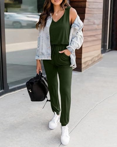 KIRUNDO Women 2025 Summer Jumpsuits Casual Sleeveless Drawstring Elastic Waist Romper Vacation Cruise Airport Travel Outfits(Small, Army Green) - Thumbnail 4