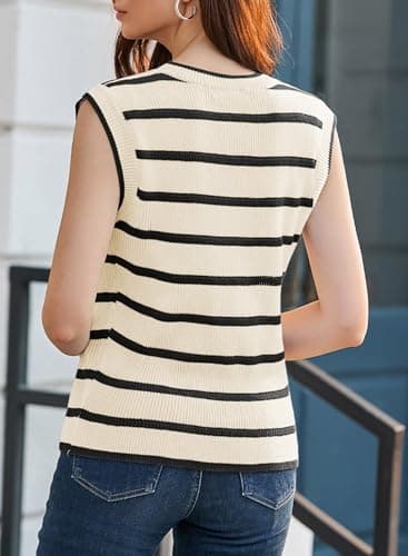 Dokotoo Blouses for Women Dressy Casual Fashion Crew Neck Sleeveless Pullover Sweaters Vest Basic Striped Loose Fit Lightweight Cute Shirts Comfy Cozy Ribbed Knit Tank Tops Black Stripe X-Large - Thumbnail 2