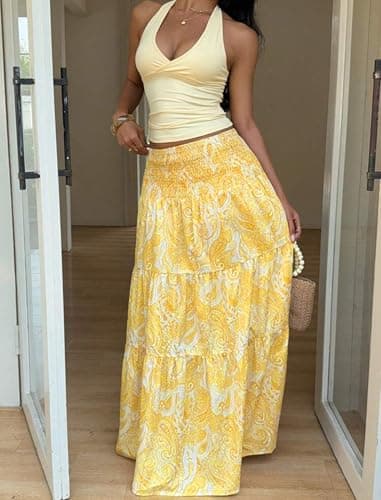 ZAFUL Women’s Summer Boho Maxi Skirts Bohemian Print Smocked High Wasited Flowy Tiered Ruffle Long Beach Skirt Yellow XS - Thumbnail 4