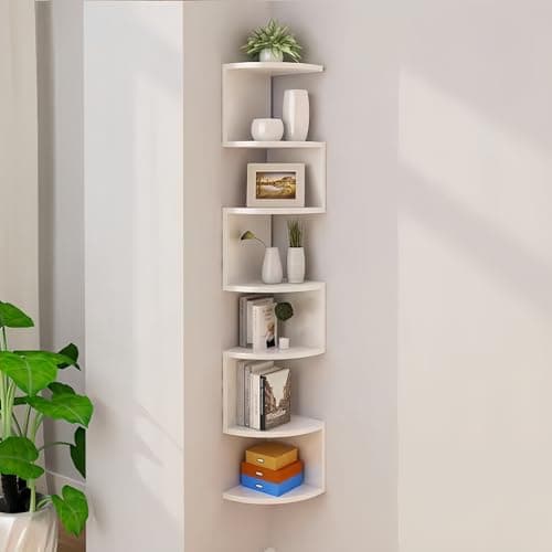 FRAWENLECO No-Drill Corner Shelf Wall Mount, 7-Tier Floating Corner Bookshelf with Hooks, Space-Saving Zigzag Plant Shelf for Bedroom, Living Room, Bathroom, Home Office - Image 1