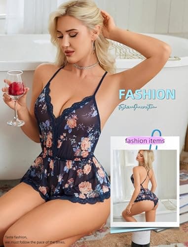 Avidlove Women's Lingerie Lace Crisscross Mesh Sleep Cami Romper Sexy One Piece Pajamas Navy Blue XL - Thumbnail 3