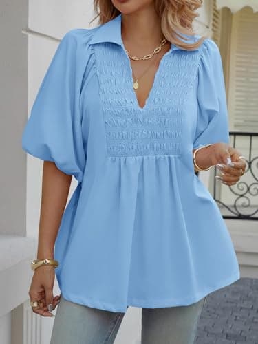 Cicy Bell Womens Summer Puff Sleeve Blouses Smocked V Neck Babydoll Peplum Casual Tunic Tops Loose Fit Pleated Shirts Blue - Thumbnail 5