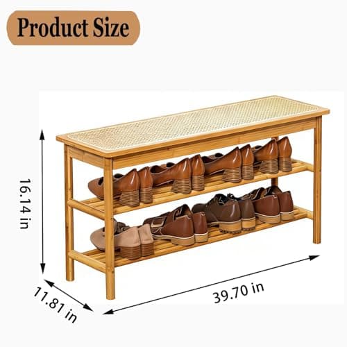 latifolia Shoe Rack Bench, 3-Tier Bamboo Shoe Bench with Breathable Rattan Seat Cushion, Shoe Storage Rack for Entryway(Nautre,39.70''L) - Thumbnail 2