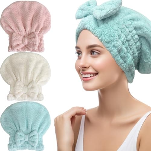 Jseng 3Packs Microfiber Hair Towel for Women - Quick-Drying, Super Absorbent Hair Wrap with Bow Design, Soft Hair Towel Turban for Curly Long Wet Hair - Image 1