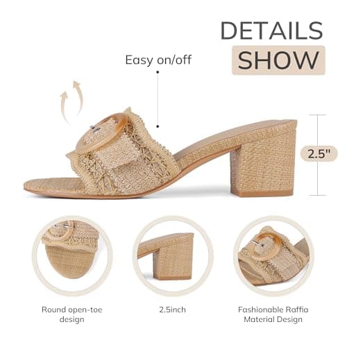 Grakihily Womens Raffia Mule Slides Sandals Open Toe Backless Buckle Heeled Sandals Chunky Block Heel Bohemia Beach Dressy Slip on Summer Vacation Shoes,Apricot Size 10 - Thumbnail 5