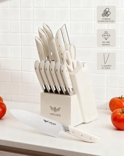 Haugo Kitchen Knife Set with Block: 14-Piece German Stainless Steel Full Tang Professional Knife - Comfortable Grip Reduces Hand Fatigue 30% - Dishwasher Safe & Sharpener - White Knife Set for Cooking - Thumbnail 3