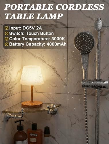 Kakanuo Cordless Shower Lamp Waterproof, Cordless Lamp with 4000mAh Battery, Rechargeable Table Lamp, Touch Dimmable Desk Light for Outdoor, Kitchen, Bathroom, Camping, Patio, IP54 - Thumbnail 4