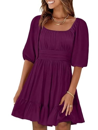 ANRABESS Womens Lantern Short Sleeve Square Neck Casual Flowy Mini Dresses 2026 Holiday Summer Spring Beach Vacation Clothes Dark Purple Medium - Image 1