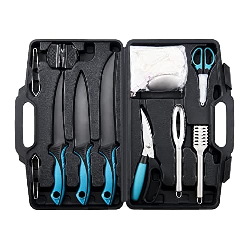 KNINE OUTDOORS Fish Fillet Knife Set Curved Flex 7 inch 9 inch Filet Knife for Filleting and Boning, Non-Slip Handles, Includes Fishing Braid Line Scissors, Fish Dressing Scissors, Filleting Pad - Image 1