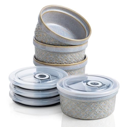 Creme Brulee Ramekins with Covers, Ceramic Souffle Ramekin with Lid, Small Baking Dishes, Food Storage Containers Serving Bolws with Lids for Lunch, Dessert, Fruit, Grey Cloud