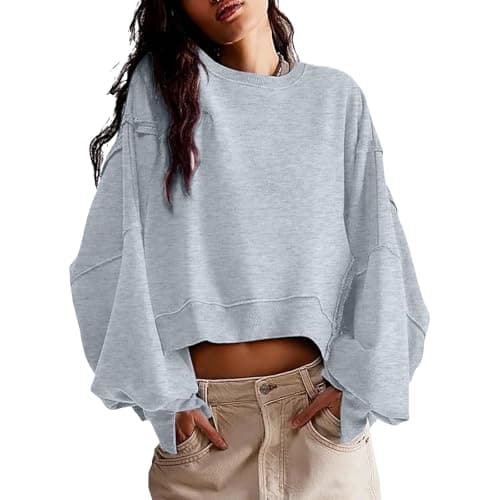EGUGYDW Womens Crewneck Sweatshirts Cropped Long Sleeve Side Slit Loose Fit Teen Girls 2025 Fall Crop Pullover Tops Gray S - Image 1