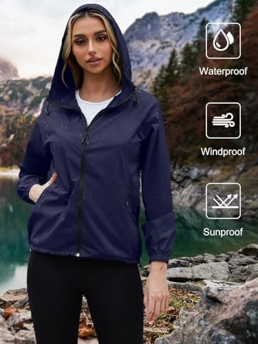 PITINAN Windbreaker Women Rain Jacket with Hood Lightweight Waterproof Rain Jackets Woman Outdoor Raincoat With Pockets Navy Blue XL - Thumbnail 2