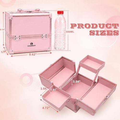 CHUANGJIN Makeup Train Case 2 Trays Makeup Box Organizer Portable Travel Makeup Case Lockable Makeup Storage Organizer Cosmetic Box for Jewelry Nail Tech Brushes Accessories Tool, Pink - Thumbnail 6