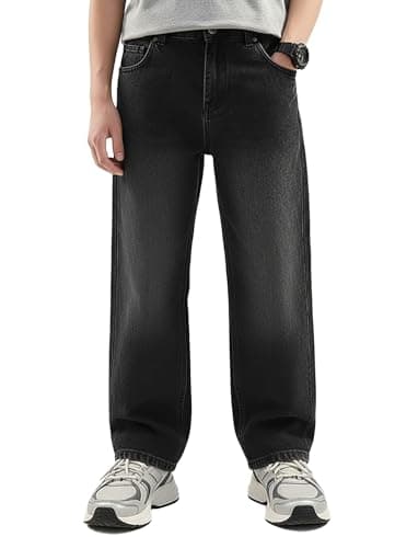 PATPAT Boys Straight Leg Jeans Kids Denim Jeans Elastic Waist Pants with 5 Pockets Size 13-14 Years, Black - Image 1