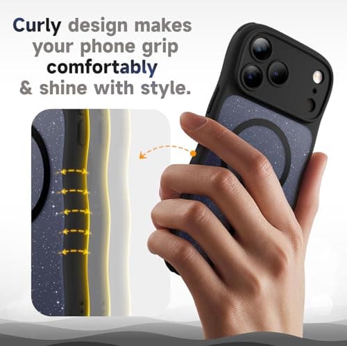 XWZ for iPhone 17 Pro Max Case for Women Girls,【Compatible with MagSafe】,【Camera Control】,【Full Camera Protection】, Cute Wave Magnetic Phone Case for iPhone 17 Pro Max,Black Shimme - Thumbnail 2