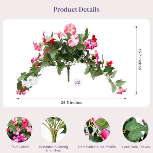 Flortevera Artificial Fake Flowers Plants for Outdoor UV Resistant, 2PCS Silk Faux Petunias No Fade Summer for Outside Planter Front Door Porch Yard Patio Balcony Realistic Decoration Red Pink - Thumbnail 2