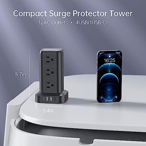15FT USB C Power Strip Surge Protector Tower, Mini Power Strip Tower Travel 12 AC 4 USB Power Strip with USB Ports, Overload Protection for Home Office - Thumbnail 6