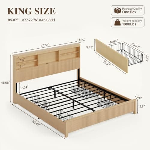 Uteeran King Size Bed Frame and Tall Headboard & Storage, Metal Platform Bed Frame with 4 Storage Drawers, King Bed Frame with LED Lights & Charging Ports, No Box Spring Needed, Noise-Free, Natural - Thumbnail 2