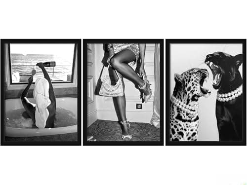 3Pcs Fashion Leopard Print Canvas Wall Paintings Funny Woman Drinking In Bathtub Paintings Print Black And White Photography Beautiful Chic Woman Preppy Postesr For Bedroom Hallway 12×16 Inch Unframed - Image 1