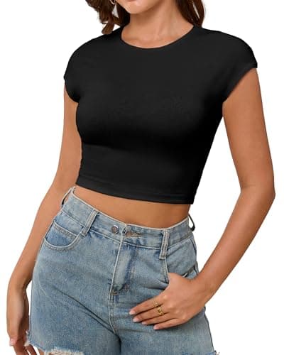 Abardsion Women's Cute Crop Tops Y2K Shirts Sexy Cap Sleeve Slim Fit Summer Clothes for Daily & Workout Black X-Small