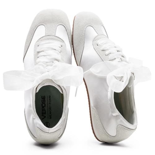 Vepose Women's Satin & Suede Gat Sneakers - Grey Retro Classic Fashion Trainers Ribbon Laces - Lightweight Memory Foam & Non-Slip Comfort Walking Shoes Travel Everyday, Size 6M US (CJY8202 Grey 06) - Image 1