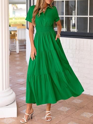 BTFBM Wedding Guest Dresses for Women Beach Fashion Casual Short Sleeve V Neck Solid Spring Summer Boho Maxi Dress (Green,XX-Large) - Thumbnail 5