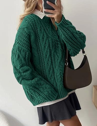 PRETTYGARDEN Women's Oversized Fall Sweaters 2026 Casual Long Sleeve Crewneck Chunky Cable Knit Pullover Tops Winter Clothes (Green,Small) - Thumbnail 5