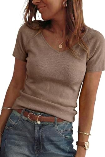 Arach&Cloz Women's 2026 Wool Blend Spring Summer Tops V Neck Short Sleeve Sweater Shirts Pullover Lightweight Soft Cozy Slim Fit Cashmere Stretchy Business Casual Outfits Work Tops Trendy Coffee XL - Image 1