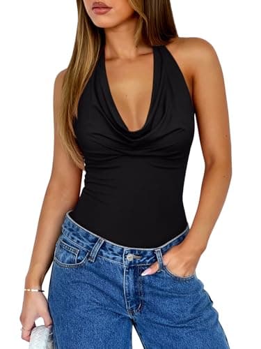 REORIA Womens Sexy Trendy Halter Cowl Neck Backless Body Suits Summer Open Back Double Lined Bodysuit Tank Tops Black Large - Image 1