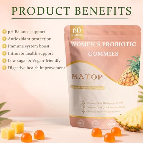 MATOP Premium Feminine Balance Gummies for Women - pH Balance Support & Vaginal Probiotic with Hawaiian Pineapple Flavor, Vegan, Gluten-Free – 60 Gummies (30 Servings) - Thumbnail 2