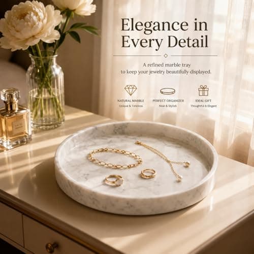 Apasqro Carrara White Marble Tray Round 10 Inch, Natural Stone Perfume & Dessert Tray, Elegant Serving & Display Plate for Home, Vanity, 2 cm Deep, Non-Slip Base - Thumbnail 6