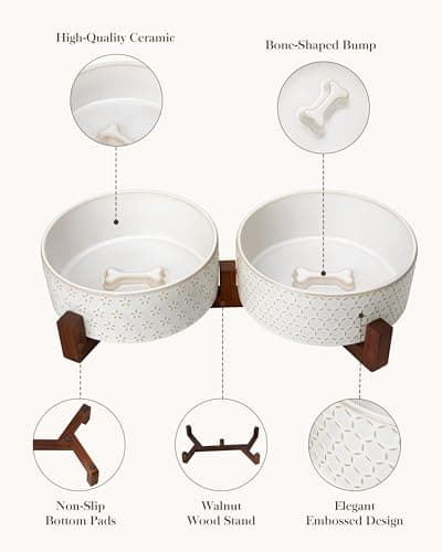 MALACASA Dog Bowl Set with Walnut Wood Stand, 6 Cups Ceramic Pet Bowls for Puppy Dogs, Dual Food and Water Bowls with Non-Slip Base, Basic Bowls for Your Dog, Five-Leaf Grass & Honeycomb - Thumbnail 5
