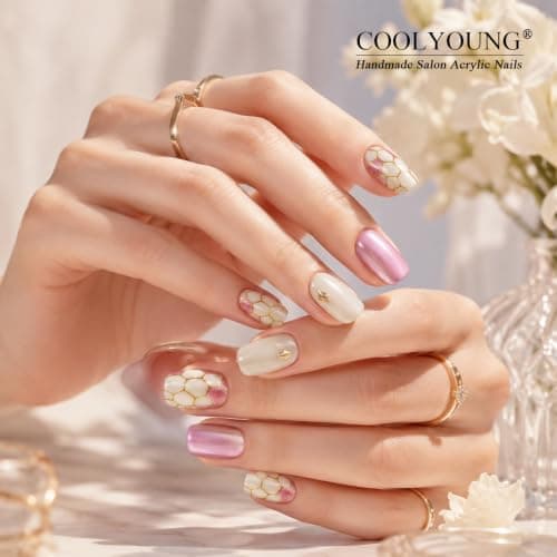 Handmade Nails Short Acrylic Press On Nails Women Gifts Press On Nails 3D Cat Eye Pink Nails COOLYOUNG Fake Nails, COOLYOUNG 15 PCS, Size L - Thumbnail 6