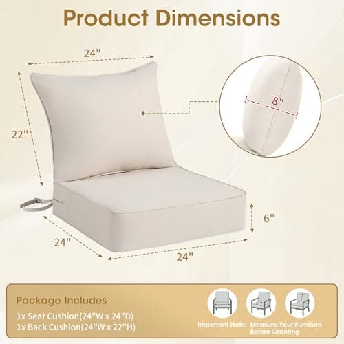 Domvaranique Outdoor Chair Cushion Set for Patio Furniture, 24 x 24 x 6 Extra Thick Deep Seat Patio Cushions, Olefin Back and Seat Cushion Replacement, Removable Cover, Ties and Handle, Beige - Thumbnail 2