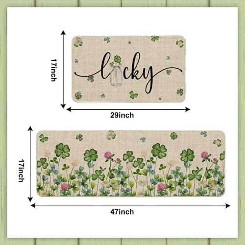Printspree Lucky Clover Kitchen Rugs Set of 2, Shamrock and Floral Design for Kitchens, Doorways, and St. Patrick's Day Decor, Non-Slip Rubber Backing Floor Mats, 17x29 and 17x47 Inch - Thumbnail 3