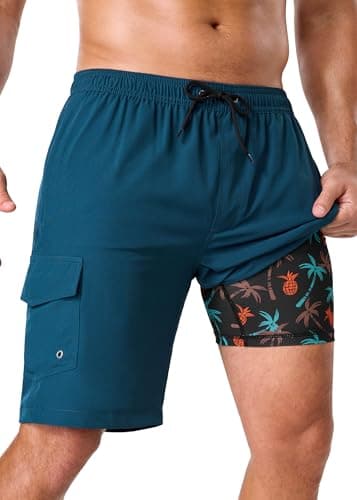 SILKWORLD Mens Swim Trunks Bathing Suit 9 Inch Inseam Compression Liner Beach Long Board Shorts Swimsuit, Copenblue Pineapple, Small - Image 1
