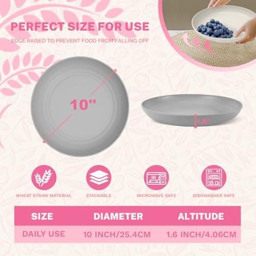 Homienly Premium Wheat Straw Dinner Plates, Reusable 8 PCS Unbreakable Plates 10 inch Plate Set, Alternative Plastic Plate Microwave and Dishwasher Safe Plates Set for Home - GreyStone - Thumbnail 2