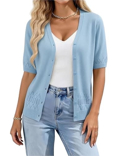GRACE KARIN Women's Short Sleeve Spring Cardigans 2026 Lightweight Crochet Knit Sweater Tops Summer Clothes Blue 02 - Image 1