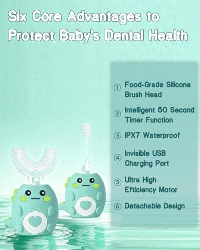 Kids Electric U Shaped Toothbrush, Sonic Automatic Toothbrush Kids with 4 Brush Heads, 3 Cleaning Modes, Cartoon Dinosaur IPX7 Waterproof 360º Round Toddler Electric Toothbrush(Green, Ages 2-12) - Thumbnail 2