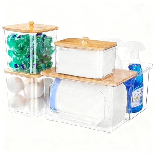 iCASA Trash Bag and Pod Dispenser - 5 in 1 Acrylic Under Sink Organizer with Bamboo Lid, Holds Garbage Bags, Dishwasher Pods, Laundry Tabs, Dryer Sheets & Balls for Kitchen, Pantry, Laundry Room - Image 1