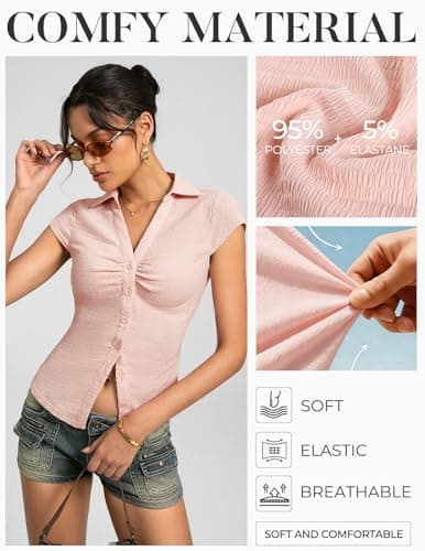 Women Textured Button Down Blouse, V-Neck Ruched Tops with Y2K Collar, Slim Fit Cap Sleeve Going Out Casual Shirt(Pink, XL) - Thumbnail 3